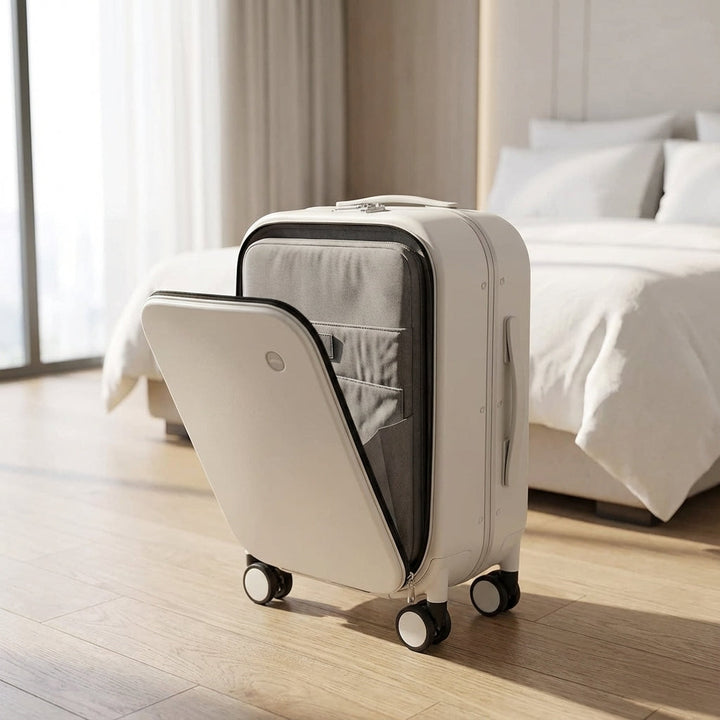 Quiet 360° spinner suitcase, front-open design with laptop compartment for effortless travel.