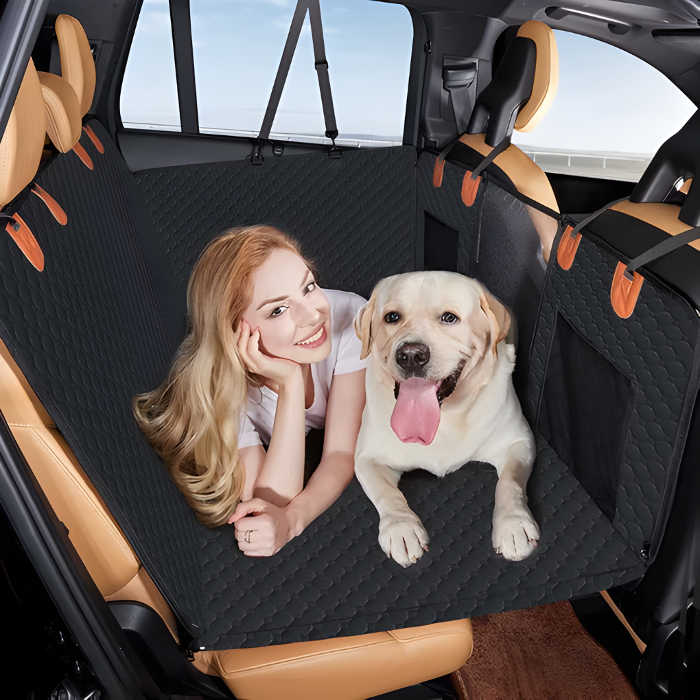 Quilted dog car seat extender for back seats, providing a safe, comfortable platform for pet travel.
