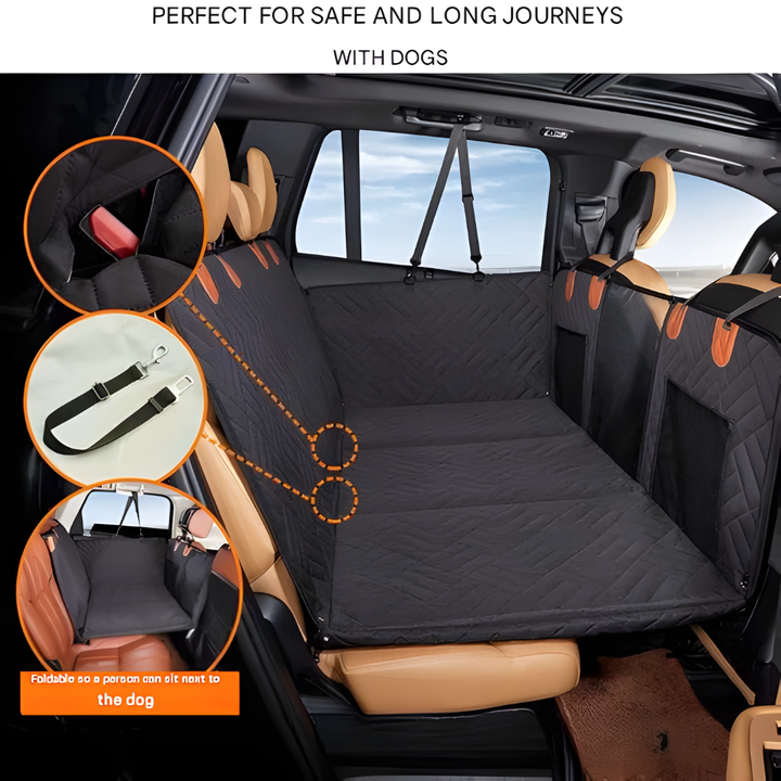 Durable quilted back seat extender protects car interior while creating extra space for dogs.