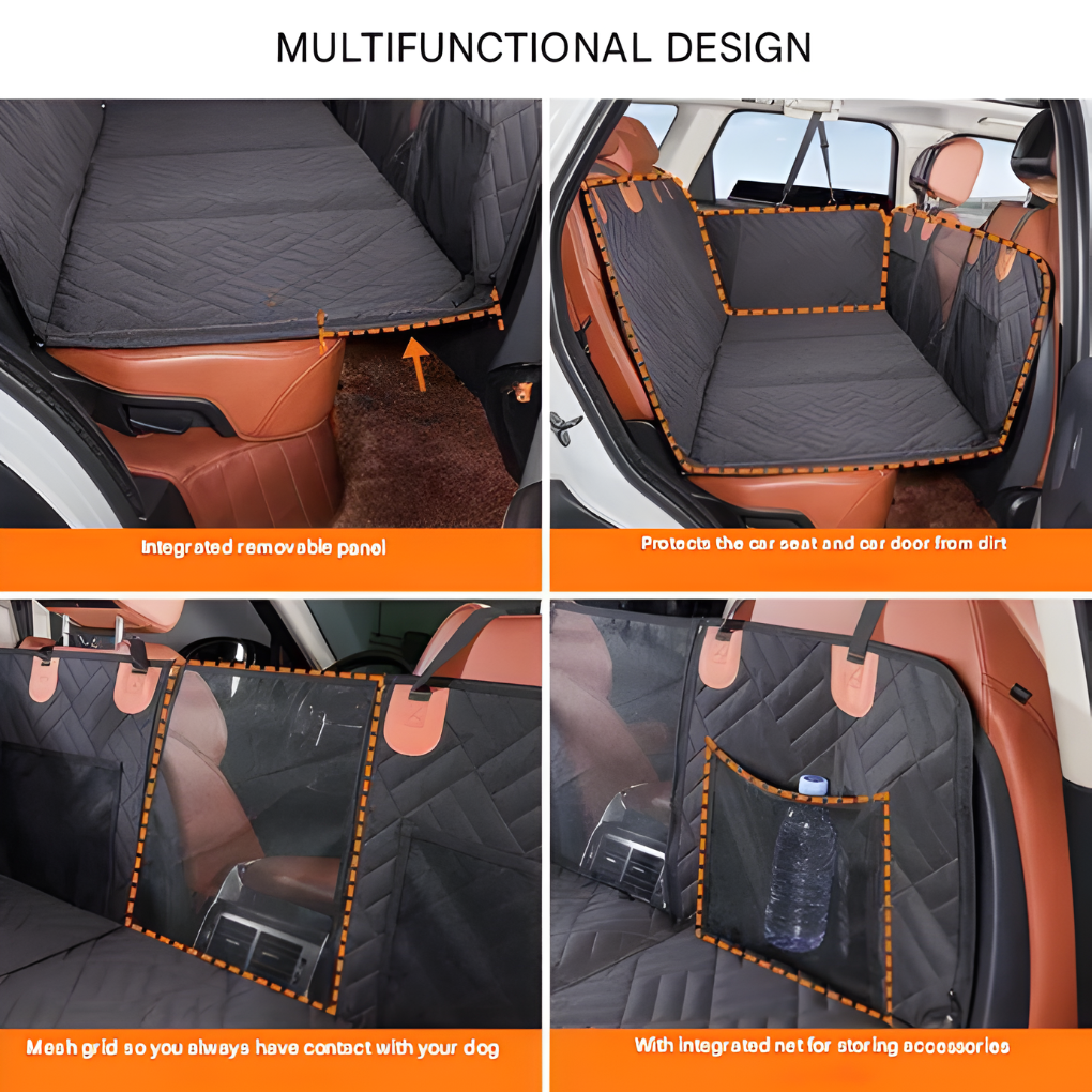 View of a grey quilted dog car seat extender installed in a vehicle's back seat, perfect for pet travel.
