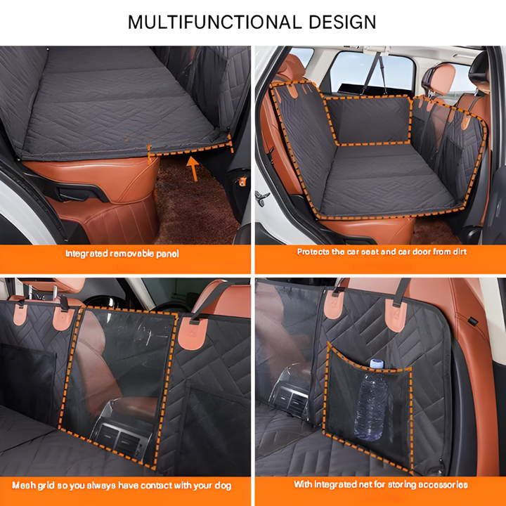 View of a grey quilted dog car seat extender installed in a vehicle's back seat, perfect for pet travel.