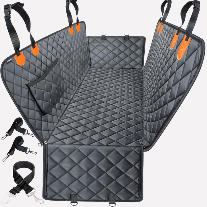 Quilted dog car seat hammock cover for rear seats. Waterproof & scratch-proof pet travel protector, easy clean.