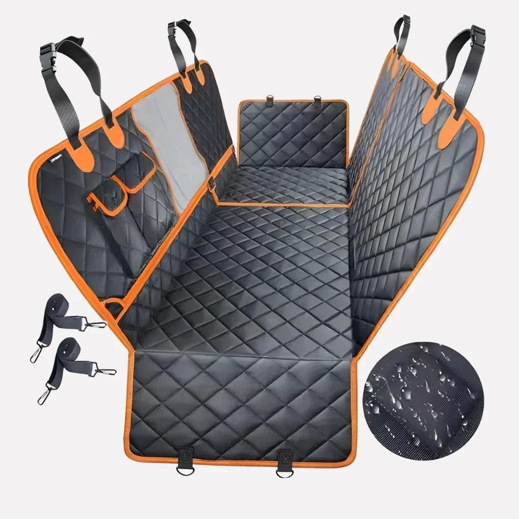 Stylish quilted dog car seat cover for safe pet travel. Hammock design for car protection, easy clean accessories.
