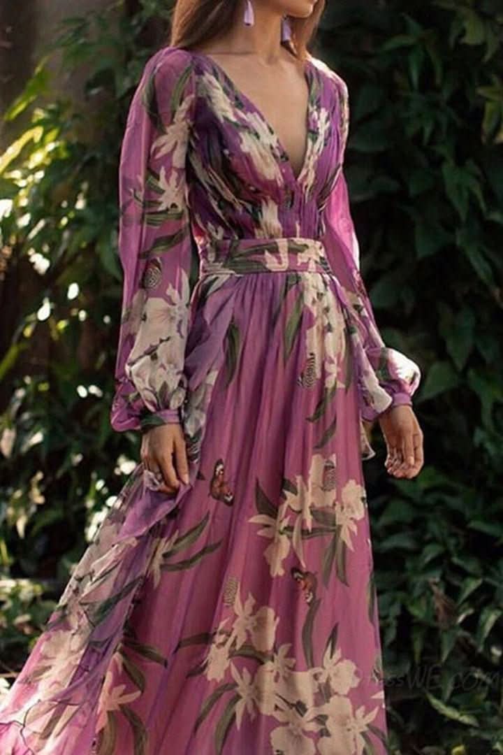 Women's radiant purple V-neck maxi dress, a stylish long gown for formal and evening wear.