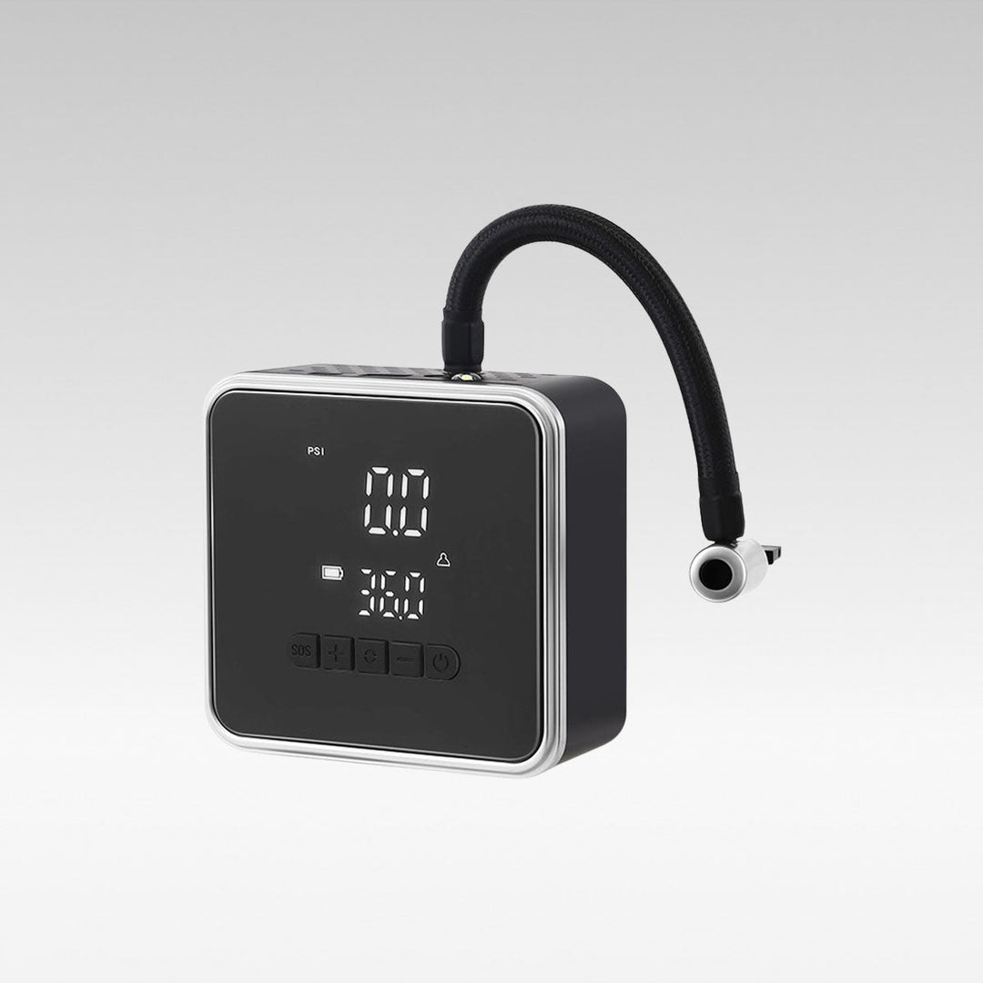 RapidFill portable tire inflator for car and bike tires, auto shut-off, with digital display for accurate pressure.