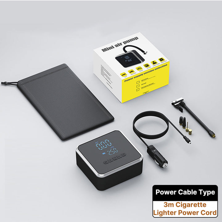 Boxed RapidFill portable tire inflator showcasing its features like auto shut-off, an essential vehicle emergency tool.