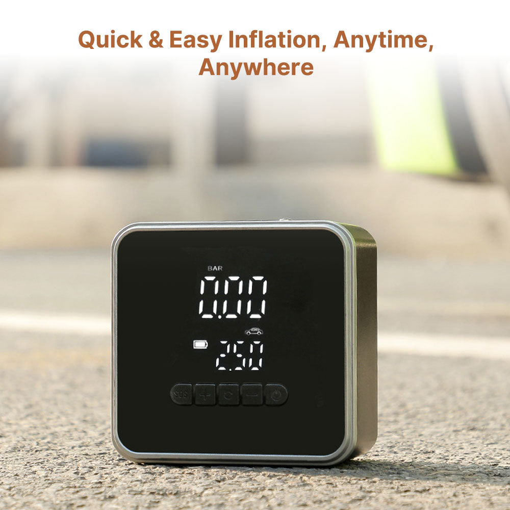 Compact RapidFill portable tire inflator pumping air into a car tire, ideal for roadside emergencies and travel.