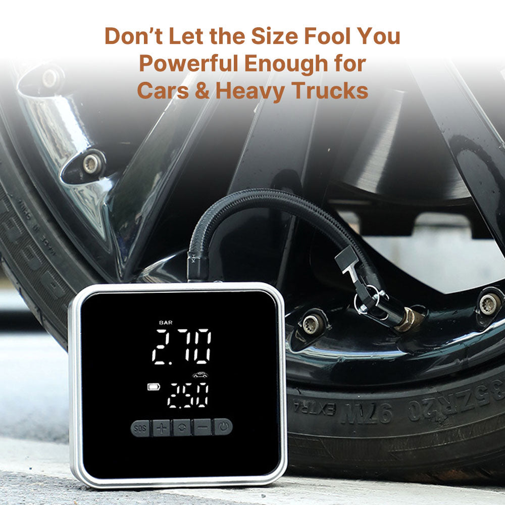 Handheld RapidFill tire inflator with attached hose and nozzle, ready for use on a bicycle tire, outdoor gear.