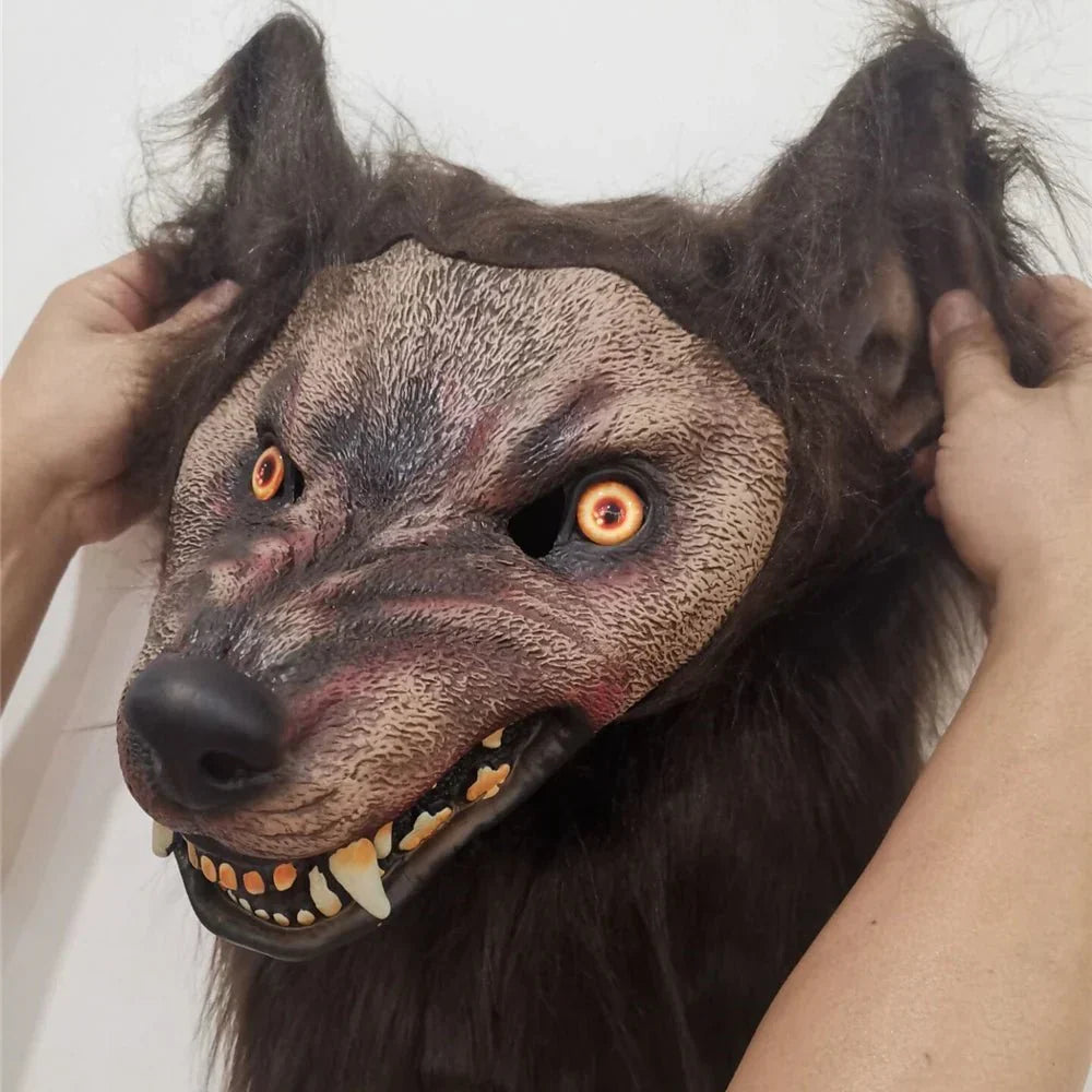 Highly detailed realistic werewolf mask. Unisex horror costume accessory with fangs, fur, and piercing eyes for Halloween.