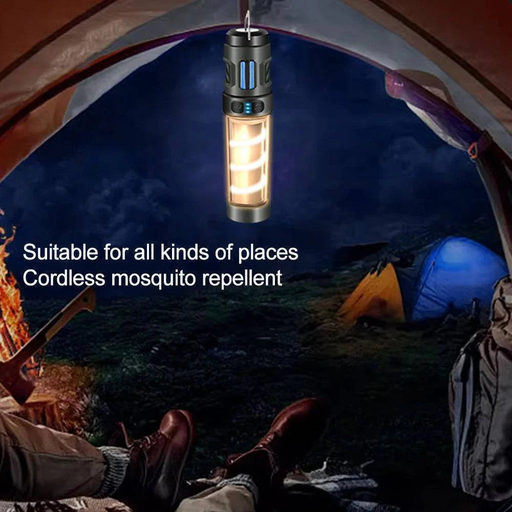 Portable waterproof LED camping light with built-in bug zapper for effective pest control.