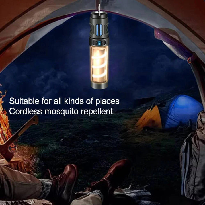 Portable waterproof LED camping light with built-in bug zapper for effective pest control.