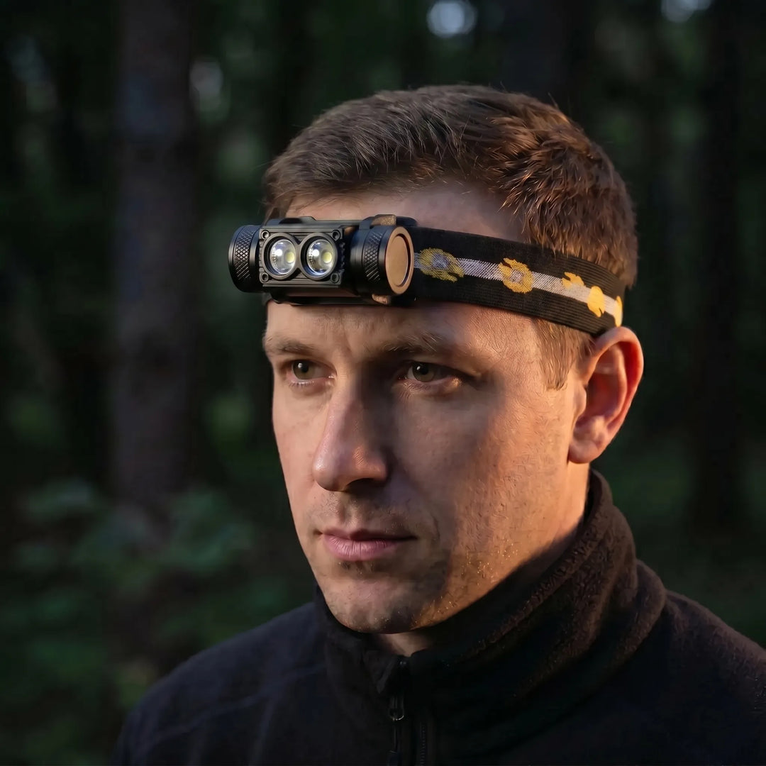 Rechargeable dual-LED headlamp for hands-free outdoor adventures, hiking, and camping.