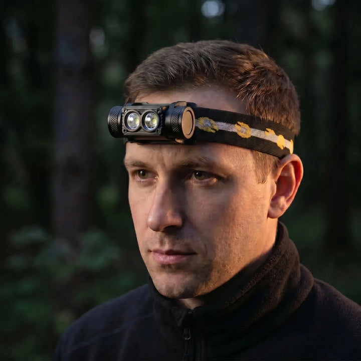 Rechargeable dual-LED headlamp for hands-free outdoor adventures, hiking, and camping.