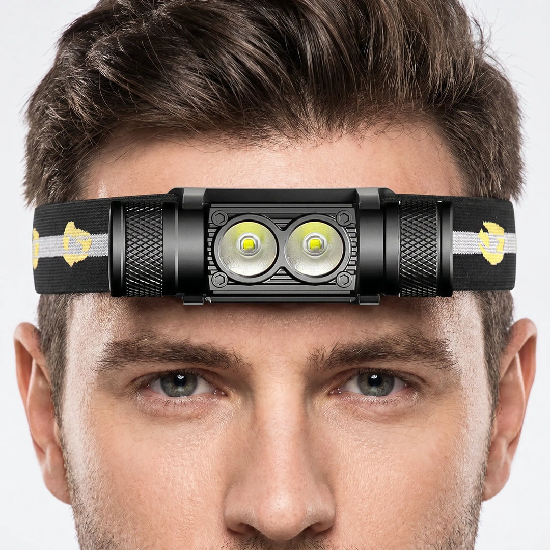 Unisex rechargeable LED headlamp for fishing & hiking trails, providing bright hands-free illumination.