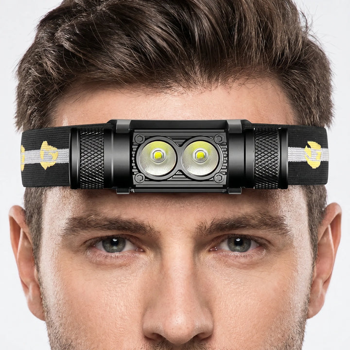 Unisex rechargeable LED headlamp for fishing & hiking trails, providing bright hands-free illumination.