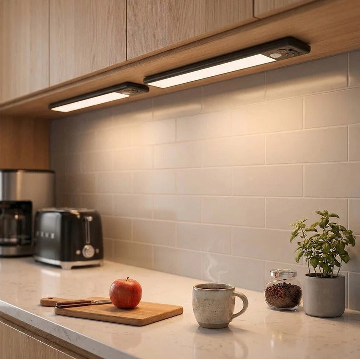 Dimmable set of 2 LED under cabinet lights, rechargeable, magnetic attachment, motion sensing.