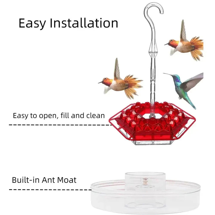 Ant-proof hanging hummingbird feeder, a vibrant garden decor piece and essential for bird feeding.