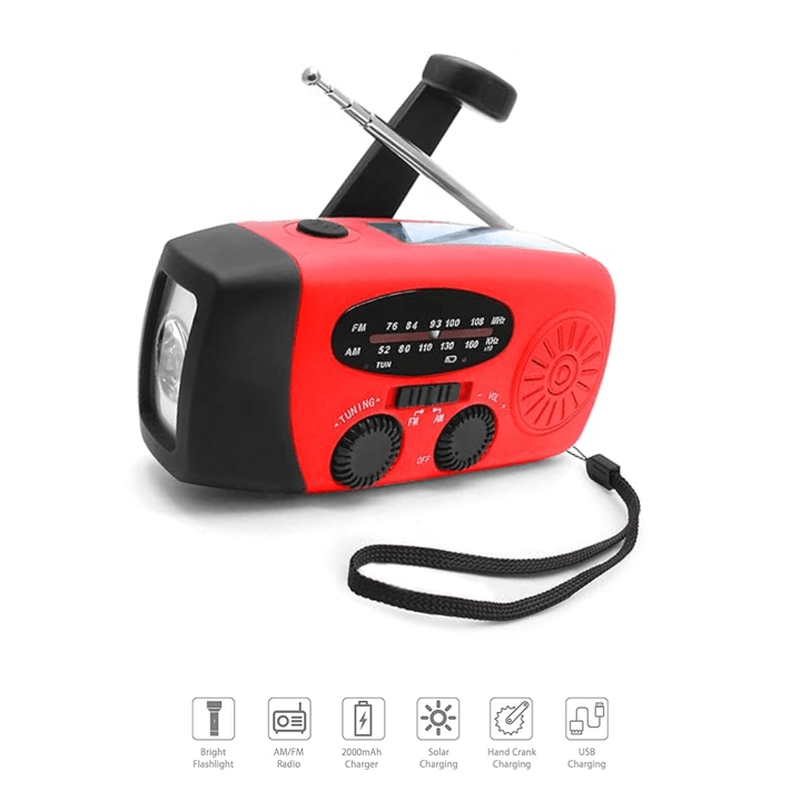 Portable weather radio with solar panel, hand crank, and built-in flashlight for camping