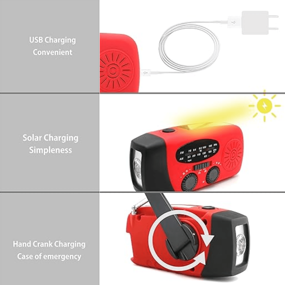 Multifunctional emergency radio, red, with hand crank generator, solar charging, and power bank