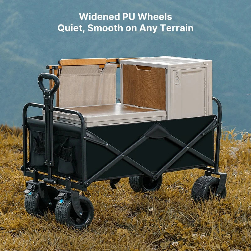 Black utility wagon with durable frame and fabric, designed for outdoor storage and hauling