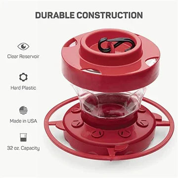 Vibrant hanging hummingbird feeder for garden decor. Bee-proof nectar feeder with perch, great for bird watching.