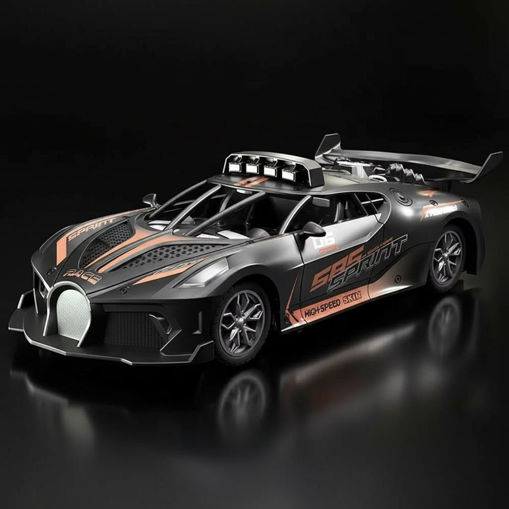 Yellow RC drift car with remote, easy-to-control toy for young boys & girls.