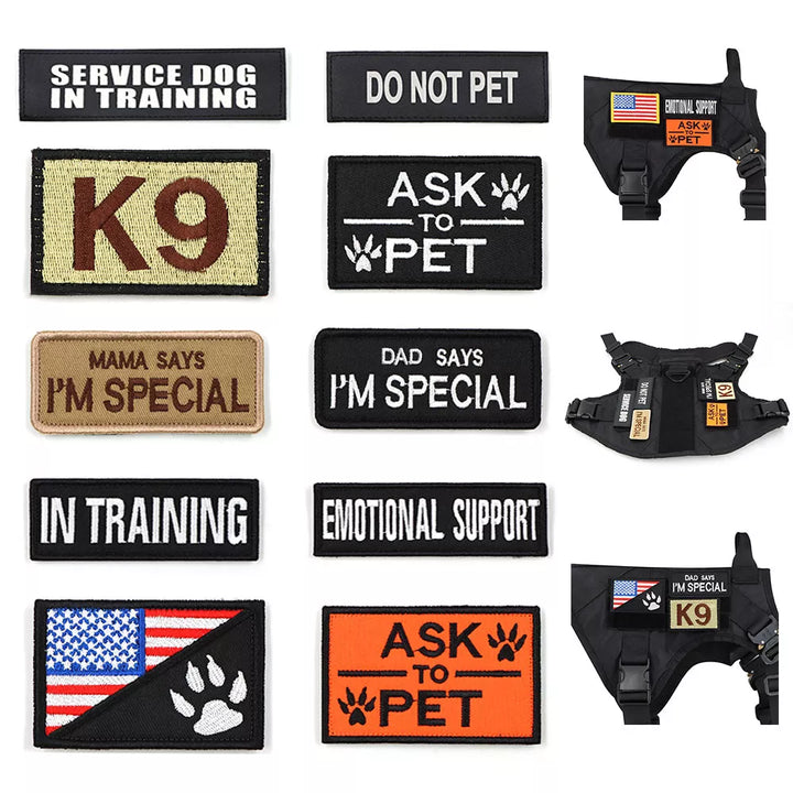 Red 'SERVICE DOG' patch with white lettering, hook and loop backing for dog harness identification