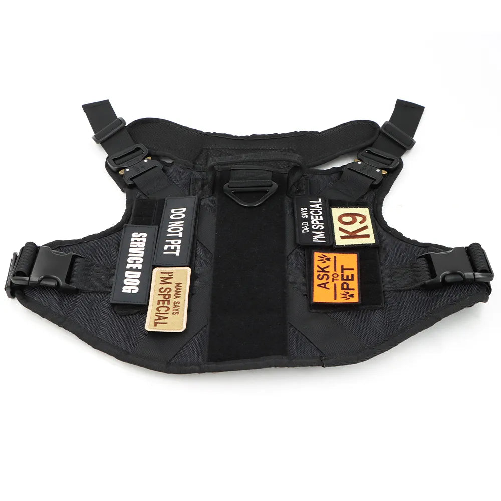 Black 'IN TRAINING' dog patch with white text, durable for K9 harness, promoting responsible pet identification