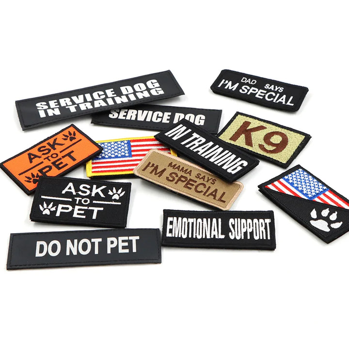 Assortment of dog harness patches, 'SERVICE DOG', 'THERAPY DOG', 'K9', various colors, hook and loop
