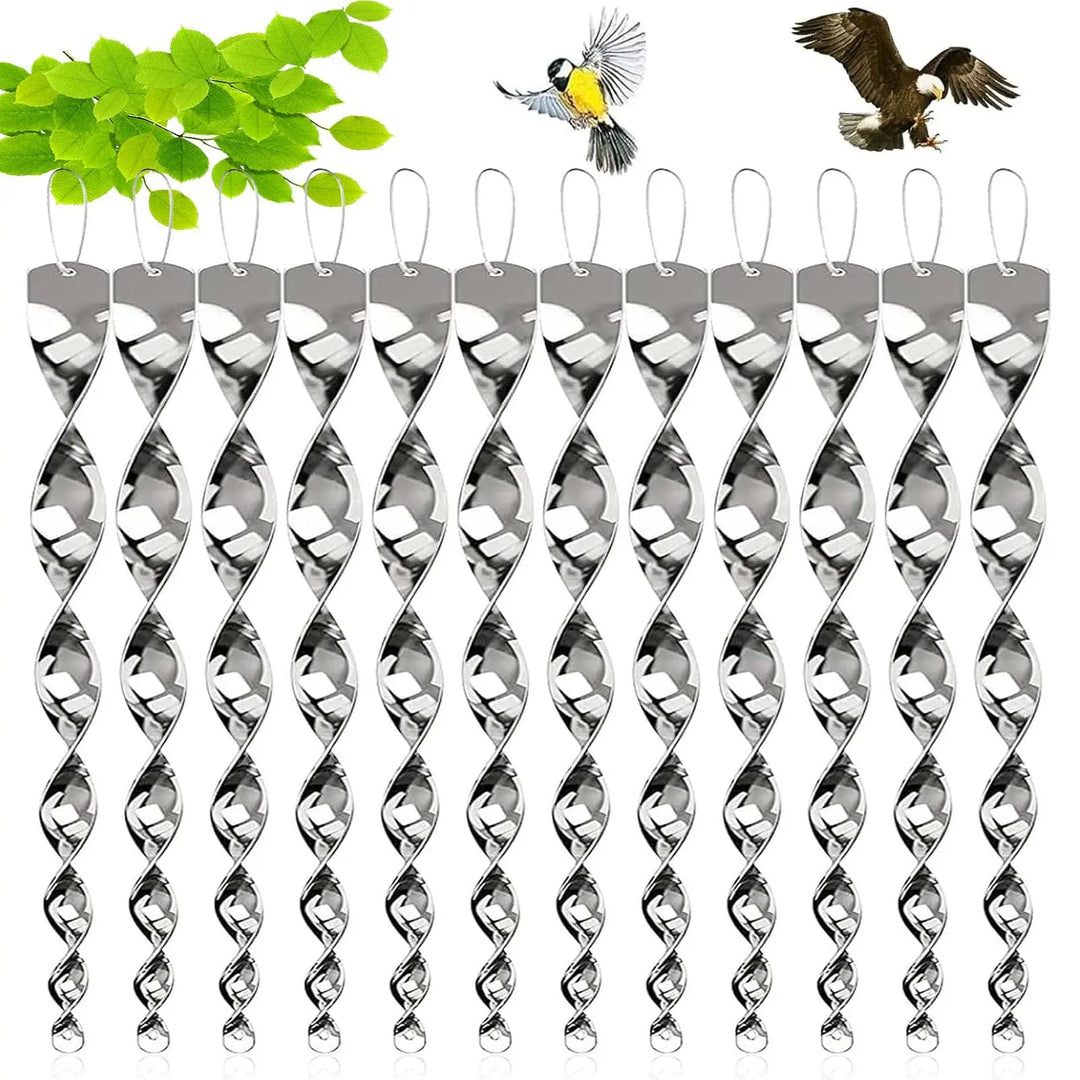 Reflective bird deterrent spiral rod, ideal for outdoor garden and balcony protection.