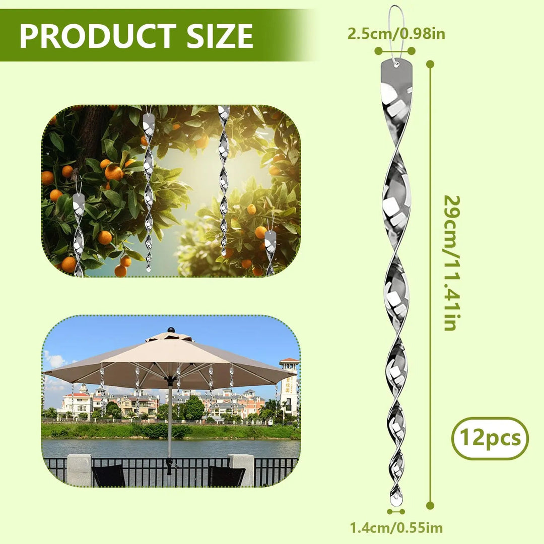 Humane reflective spiral bird deterrent for garden protection, keeps pests away from plants.