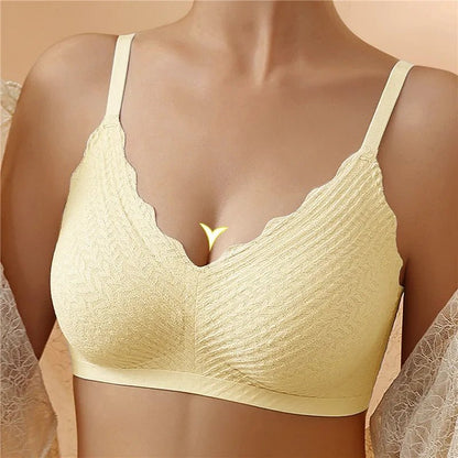 "Reggiseno donna wireless senza cuciture, elegante grigio, comfort traspirante per ogni fisico, immagine di dettaglio."