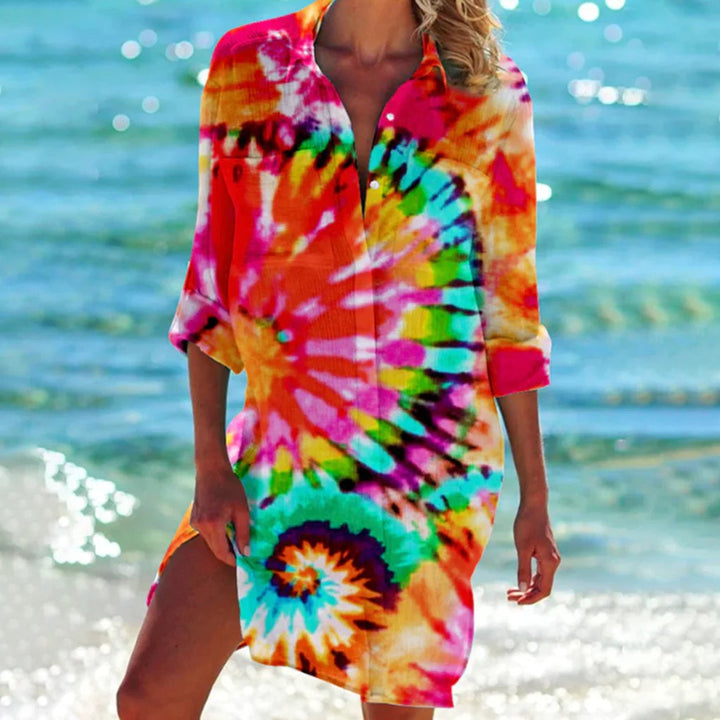 Relaxed fit women's summer shirt, perfect for casual wear or beach style. Lightweight short sleeve top.