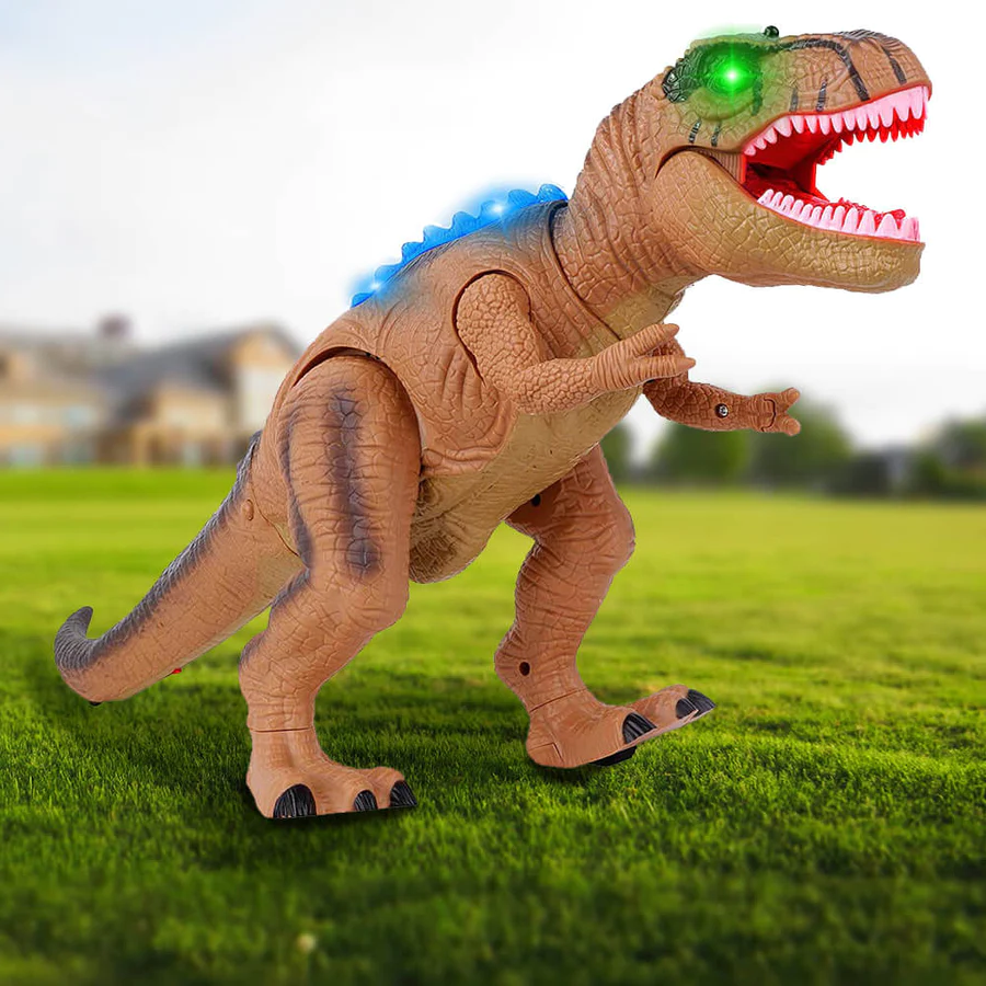 Kids engaged in play with an interactive remote control T-Rex dinosaur, learning about prehistoric creatures.