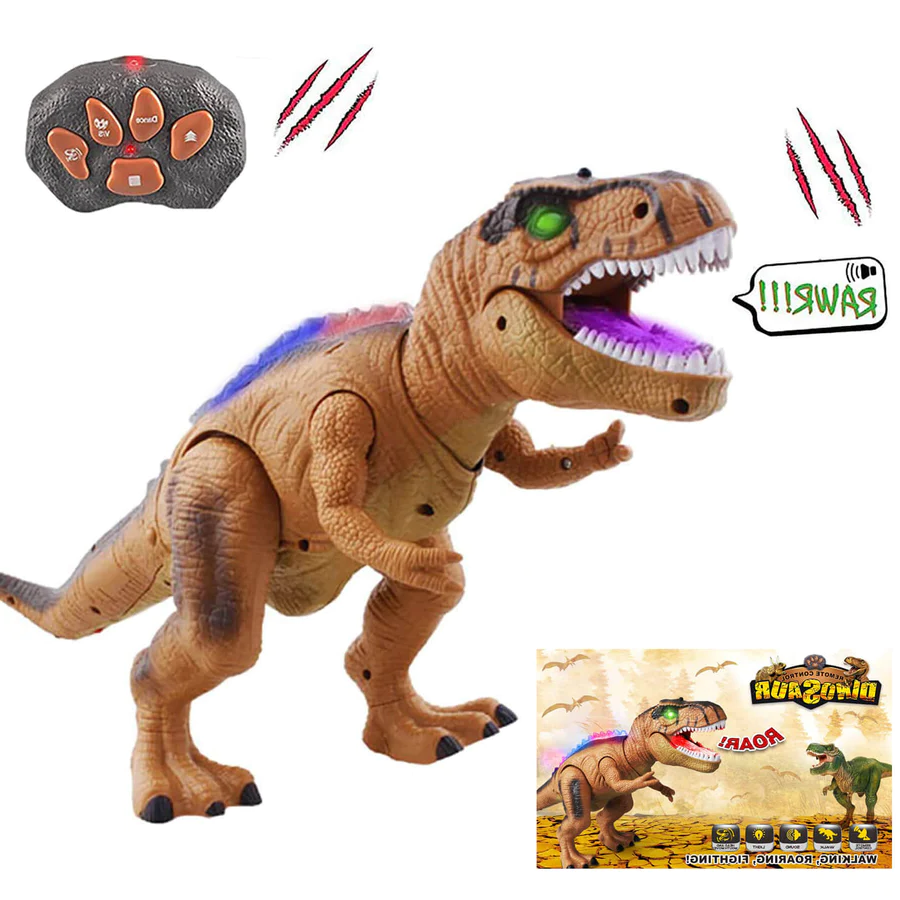 Angled view of the walking RC T-Rex dinosaur toy with realistic roars and glowing LED lights.