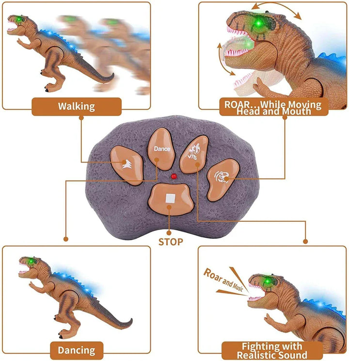 Full body shot of a large remote control T-Rex dinosaur toy, with detailed scales and interactive features.