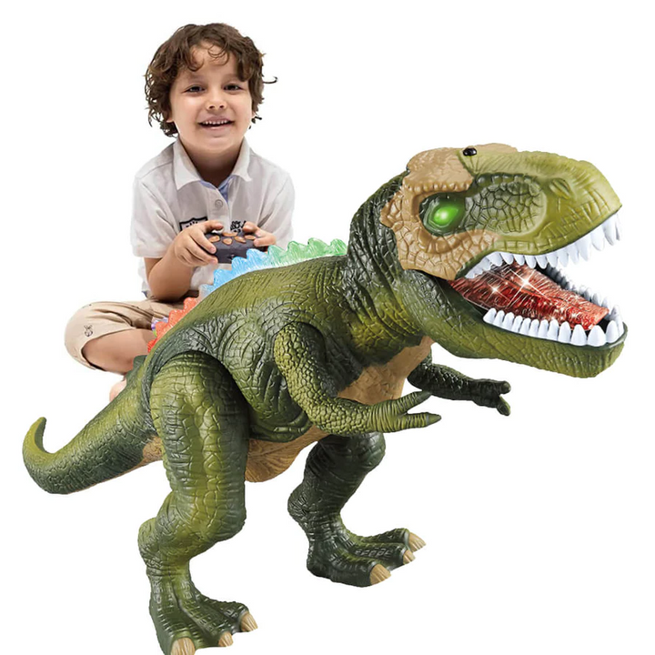 Realistic T-Rex head of RC dinosaur toy, featuring glowing LED eyes and detailed texture.