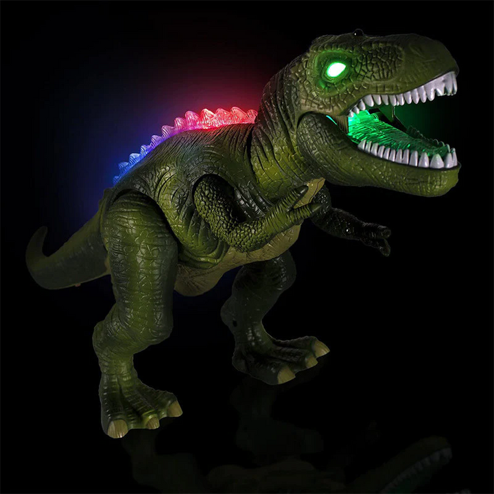 Child excitedly operating a walking, roaring, LED light-up T-Rex dinosaur with a remote control.