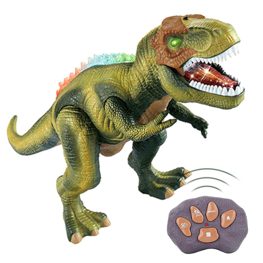 Dynamic walking action of a remote control T-Rex dinosaur toy, perfect for kids' imaginative play.