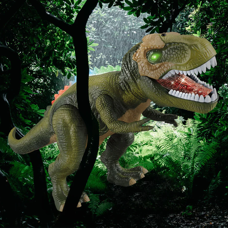 Roaring T-Rex dinosaur action figure with sound effects and LED lights, an interactive toy for children.