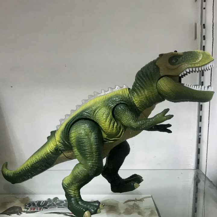 Prehistoric adventure scene featuring a remote control T-Rex dinosaur toy with walking and roaring.