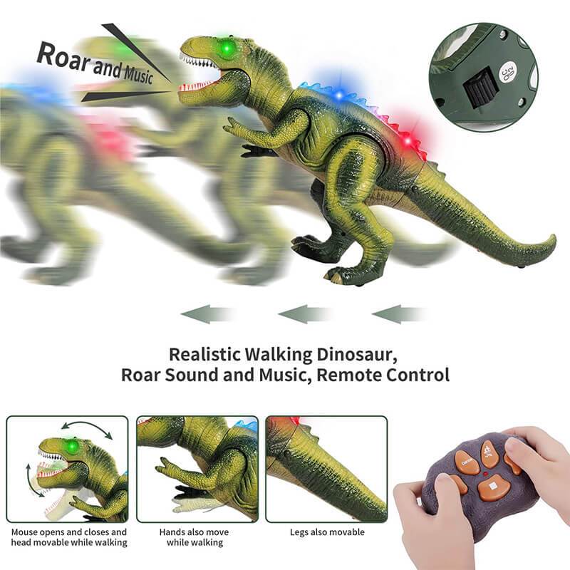 Bright LED lights illuminate the realistic T-Rex dinosaur toy, enhancing the RC toy's interactive features.