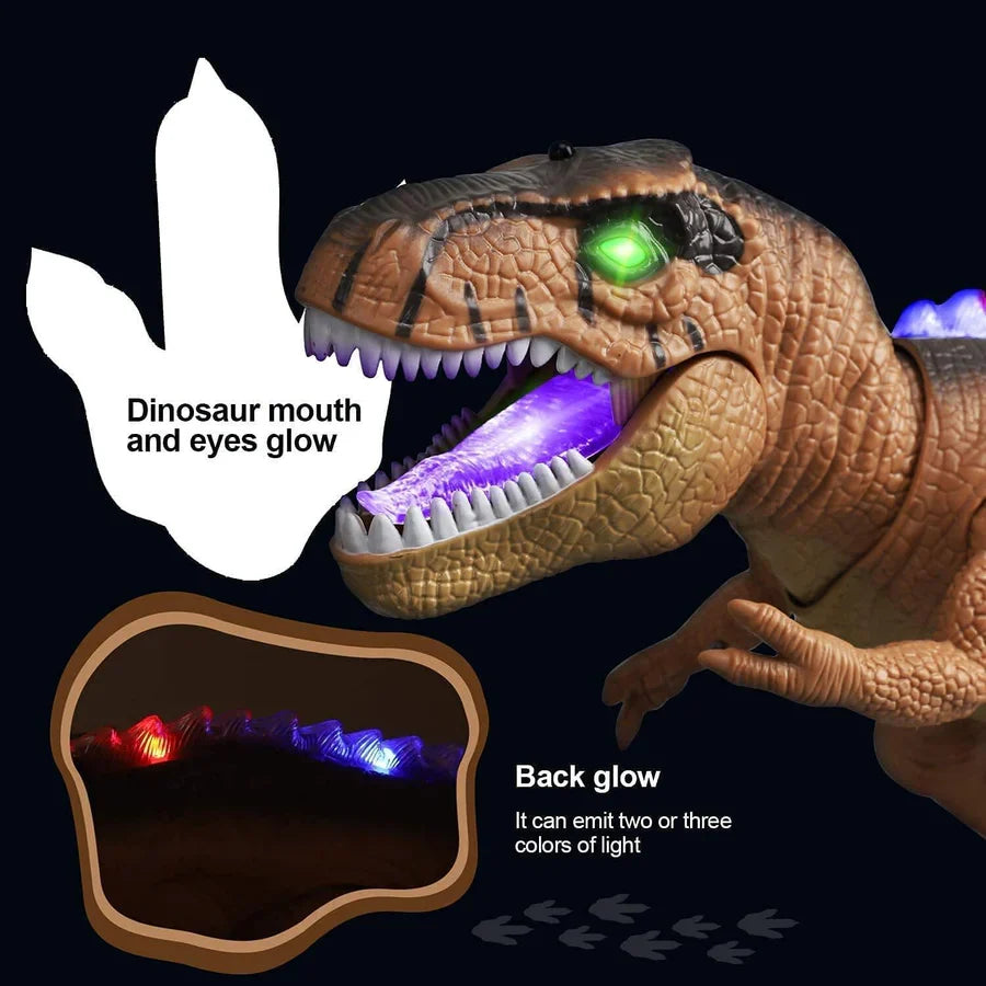 Packaging for an exciting RC T-Rex dinosaur toy, highlighting LED lights, walking, and roaring features.