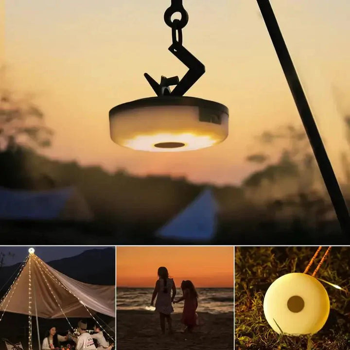 Versatile 4-in-1 camping lantern, compact and rechargeable, ideal for camp, patio, or emergency