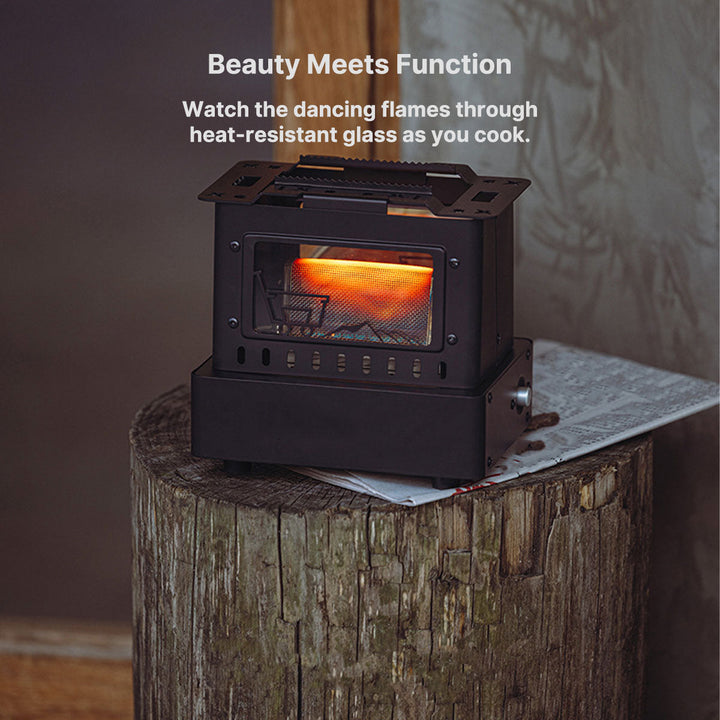 Compact gas stove for camping with retro design, 1900W power, and visible flame for outdoor use.