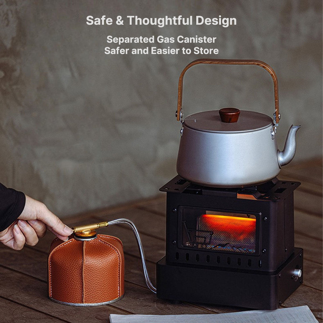 Outdoor cooking with a 1900W retro gas stove; compact, portable, and perfect for camping kitchens.