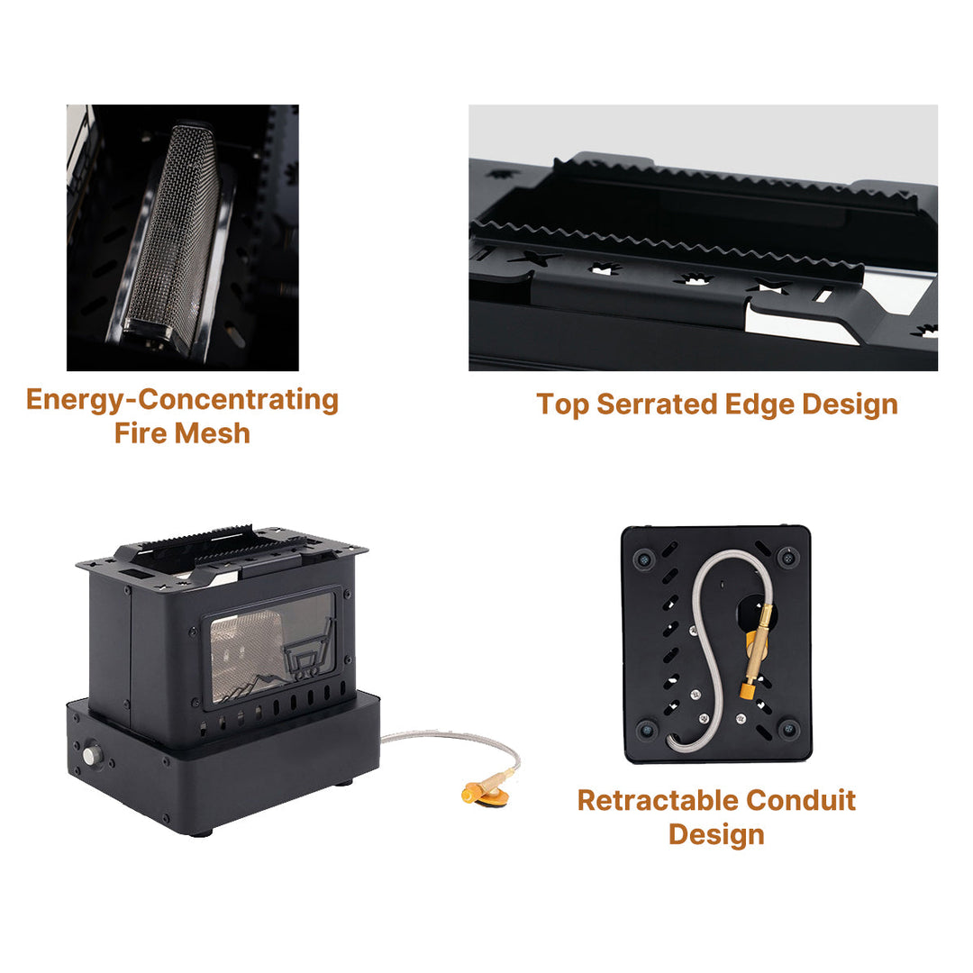Compact 1900W retro gas stove for camping, offering a clear flame view for safe outdoor cooking.
