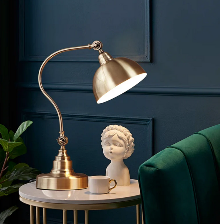 Gold Brasselle table lamp, a charming retro LED lamp for your desk, home office, living room, or bedroom.
