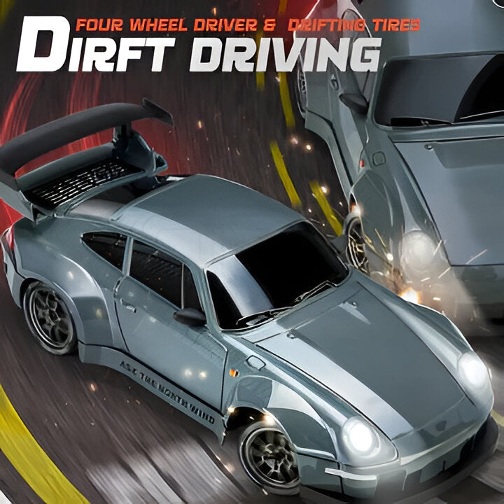Dynamic Retro Drift Master 4WD RC car with illuminated LED lights, ideal for remote control drifting.
