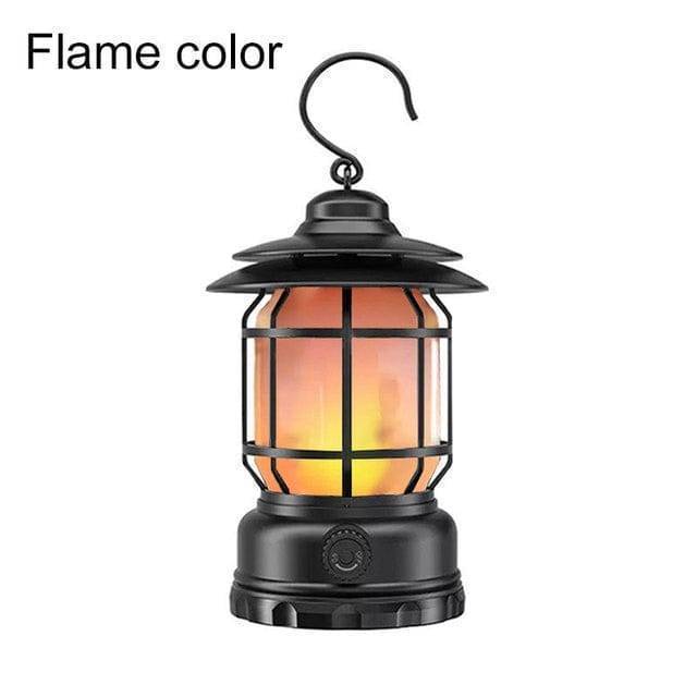 Warm glow retro camping lantern with three light settings, portable and easy to recharge.